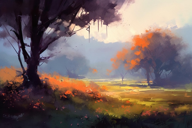 Un dipinto di un campo con alberi e il sole che splende attraverso gli alberi.