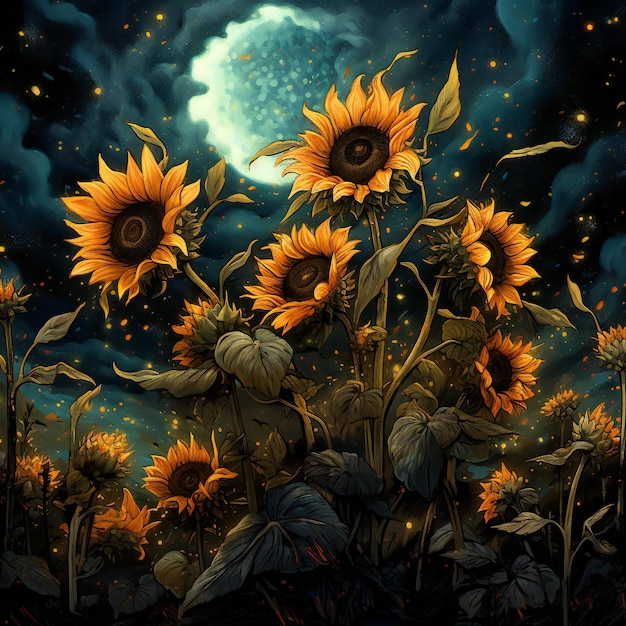 Un dipinto di un campo con girasoli sotto la luna piena e il cielo notturno sullo sfondo
