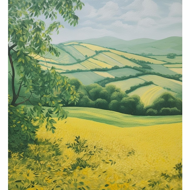 Un dipinto di un campo con un campo verde e alberi in primo piano.