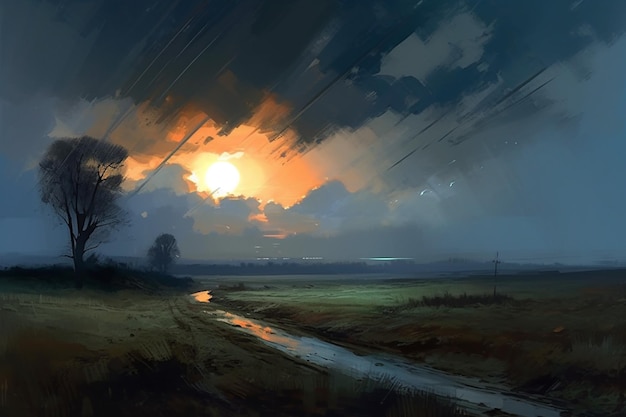 Un dipinto di un campo con un tramonto e un fiume