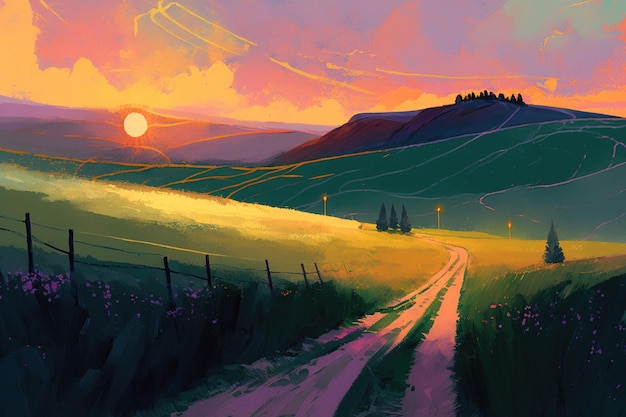 Un dipinto di un campo con un tramonto sullo sfondo