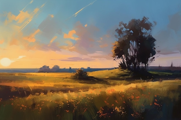 Un dipinto di un campo con un tramonto sullo sfondo.