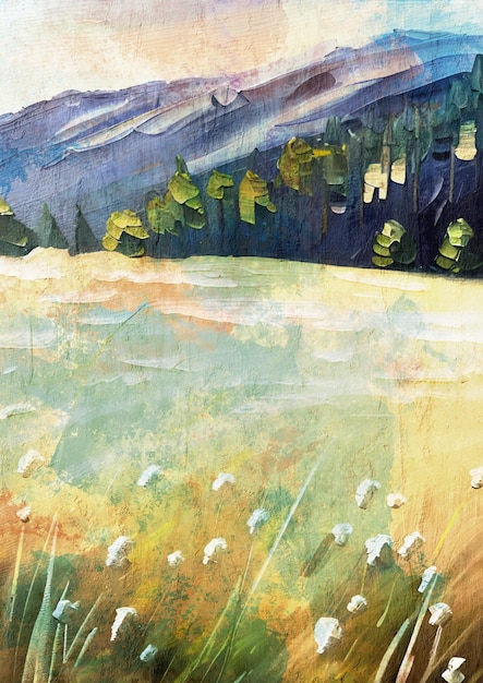 Un dipinto di un campo con una montagna sullo sfondo