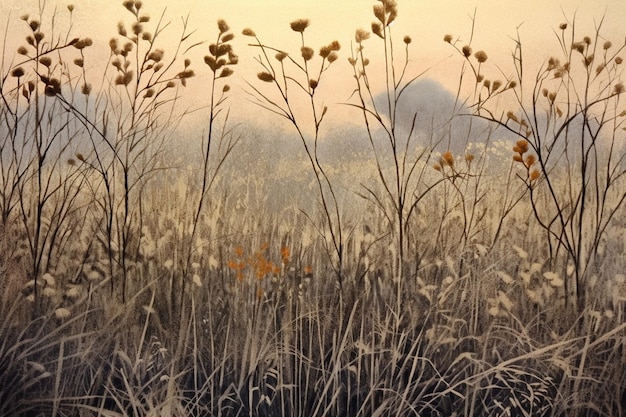 Un dipinto di un campo di erba alta con il sole che splende su di esso.