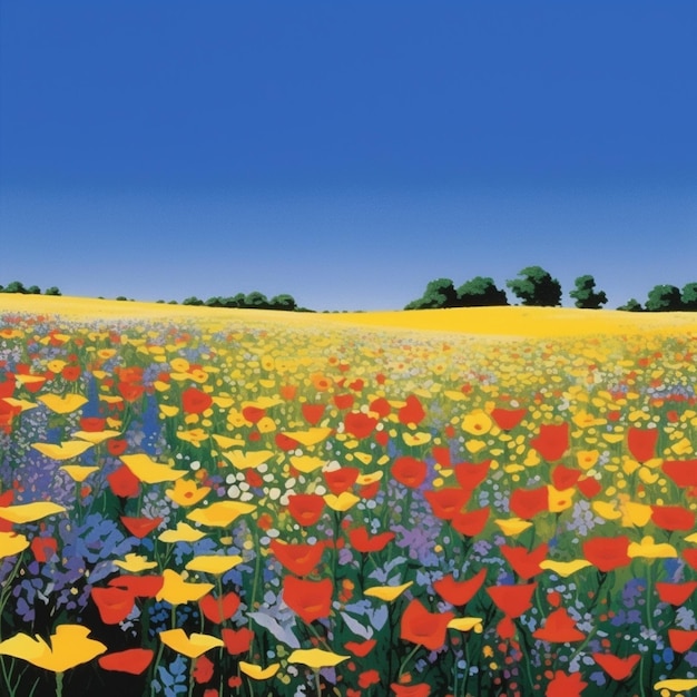 Un dipinto di un campo di fiori con alberi sullo sfondo generativo ai