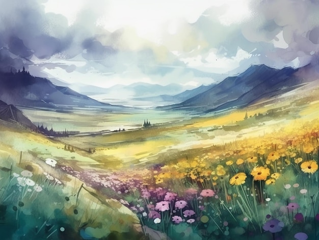Un dipinto di un campo di fiori con le montagne sullo sfondo