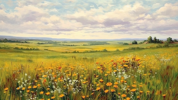 Un dipinto di un campo di fiori con un cielo nuvoloso sullo sfondo.
