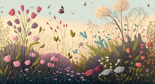 Un dipinto di un campo di fiori con una farfalla in alto.