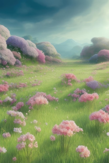 Un dipinto di un campo di fiori con una montagna sullo sfondo.