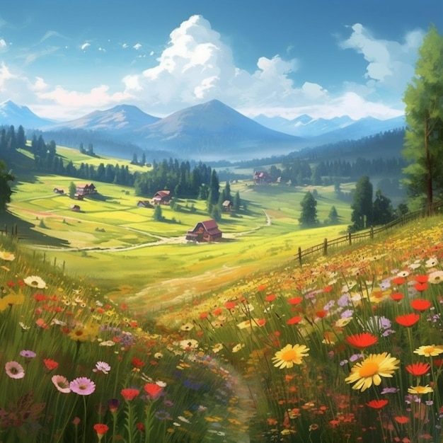 Un dipinto di un campo di fiori con una montagna sullo sfondo.