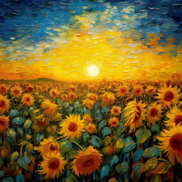 Un dipinto di un campo di girasoli con il sole che tramonta dietro di esso.