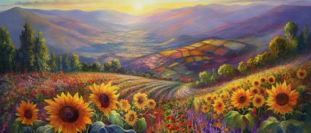 Un dipinto di un campo di girasoli con le montagne sullo sfondo.