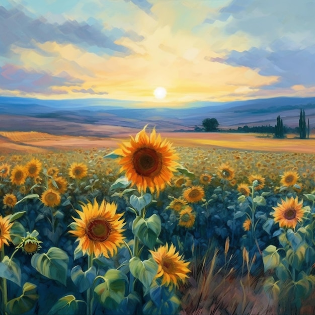 Un dipinto di un campo di girasoli con un tramonto sullo sfondo.