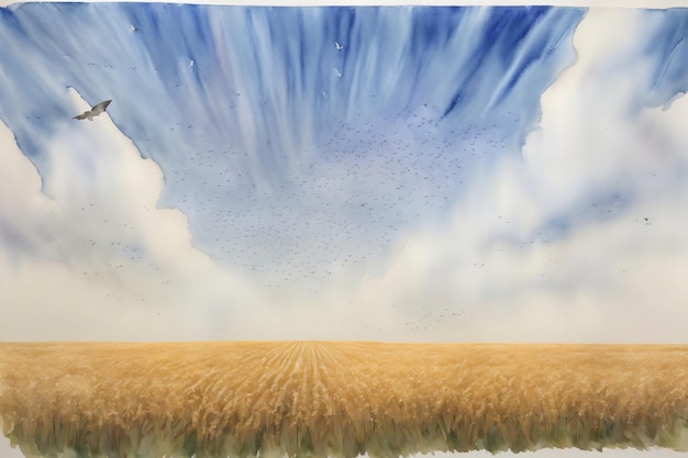 Un dipinto di un campo di grano con un uccello che vola sopra