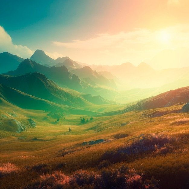 Un dipinto di un campo verde con le montagne sullo sfondo.