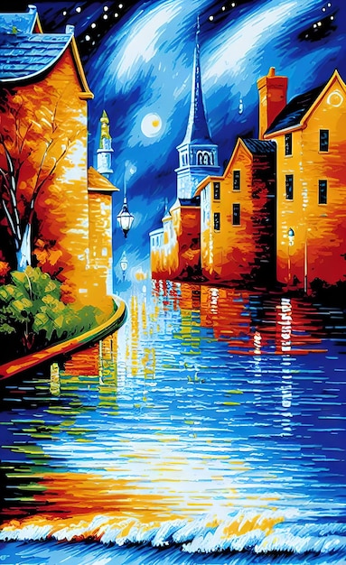Un dipinto di un canale con una luna e un edificio sullo sfondo.