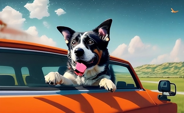 Un dipinto di un cane che guarda fuori dal finestrino di una macchina orenge