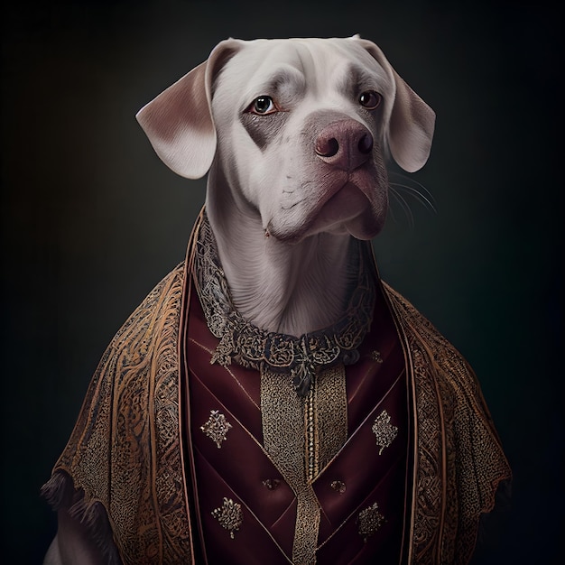 Un dipinto di un cane che indossa un abito che dice "amo i cani"