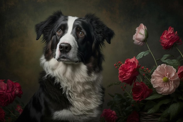 Un dipinto di un cane con fiori