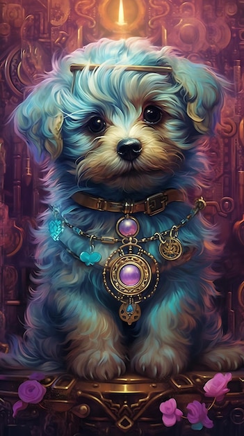 Un dipinto di un cane con un collare rosso e un cuore sopra.