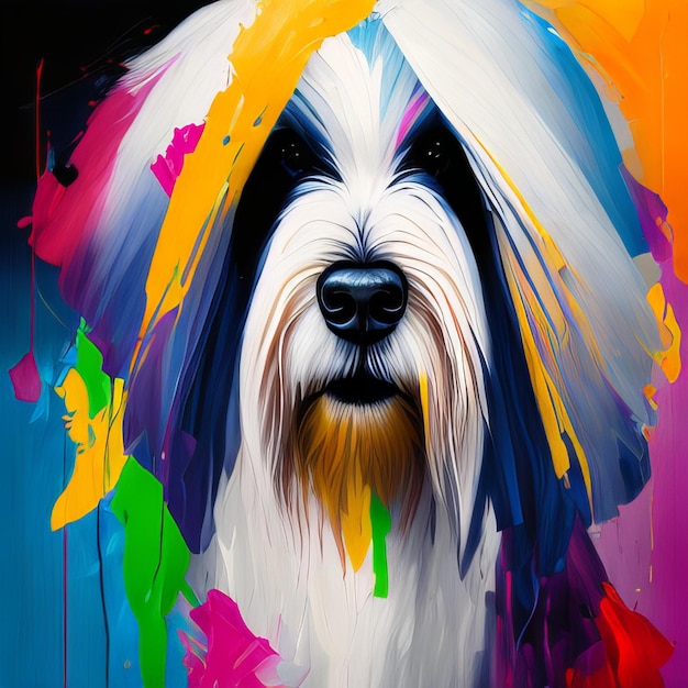 Un dipinto di un cane con una faccia in bianco e nero