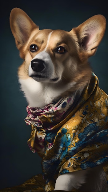 Un dipinto di un cane corgi con una sciarpa floreale.