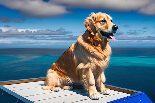 Un dipinto di un cane golden retriever seduto su un molo con l'acqua sullo sfondo.