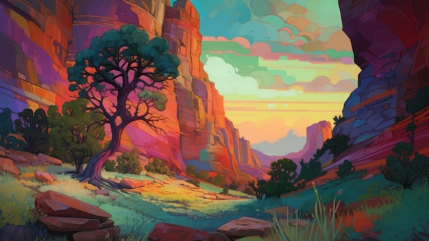 Un dipinto di un canyon con un albero in primo piano.