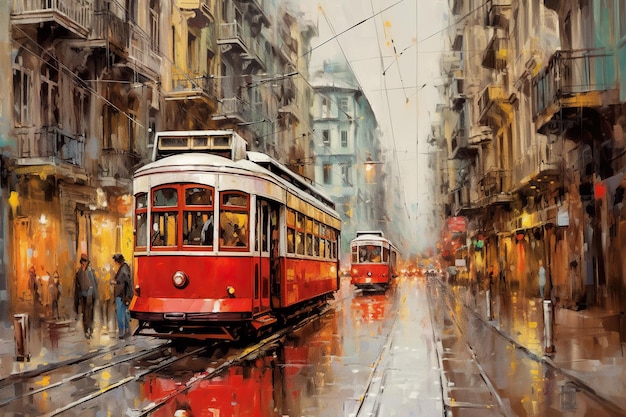 Un dipinto di un carrello rosso su un'immagine ai generativa di una strada cittadina