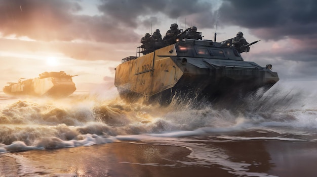 Un dipinto di un carro armato e di una barca con le parole "marines" sul fondo