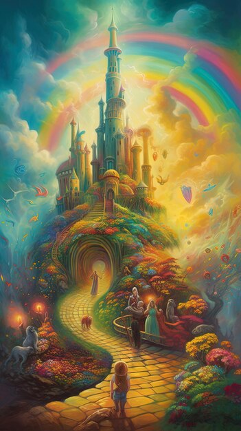 un dipinto di un castello con un arcobaleno sullo sfondo