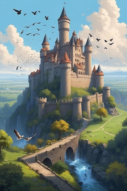 Un dipinto di un castello con una torre e un sacco di uccelli che volano intorno generativo ai