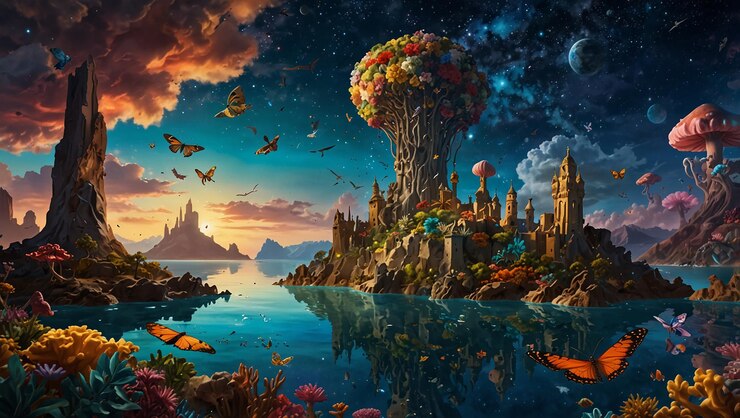 Foto un dipinto di un castello e l'oceano con un lago e una città sullo sfondo