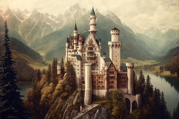 Un dipinto di un castello in montagna