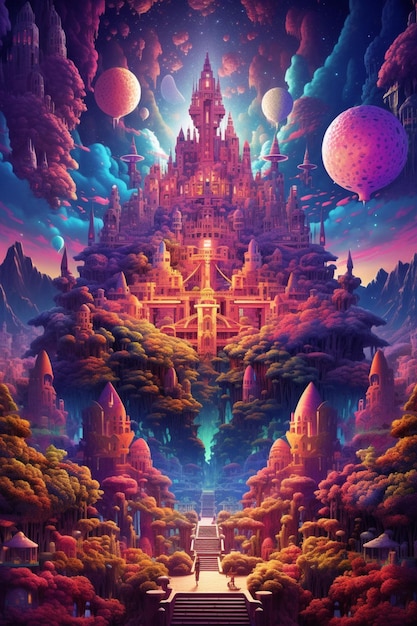 Un dipinto di un castello nel mezzo di una foresta generativa ai
