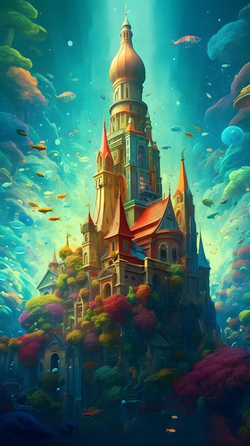 Un dipinto di un castello nell'oceano.