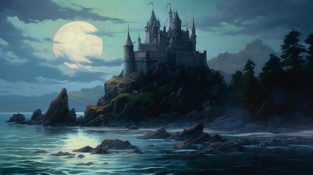 Un dipinto di un castello su un'isola con la luna piena