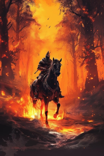 Un dipinto di un cavaliere a cavallo in una foresta