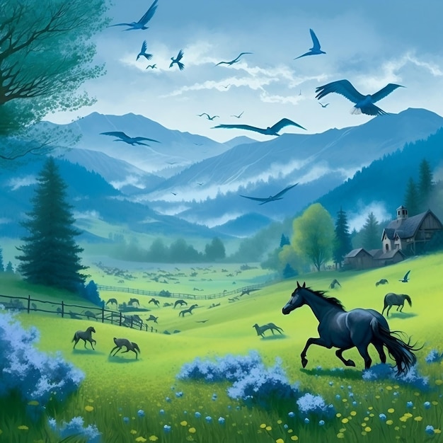 Un dipinto di un cavallo che corre attraverso un campo con le montagne sullo sfondo.