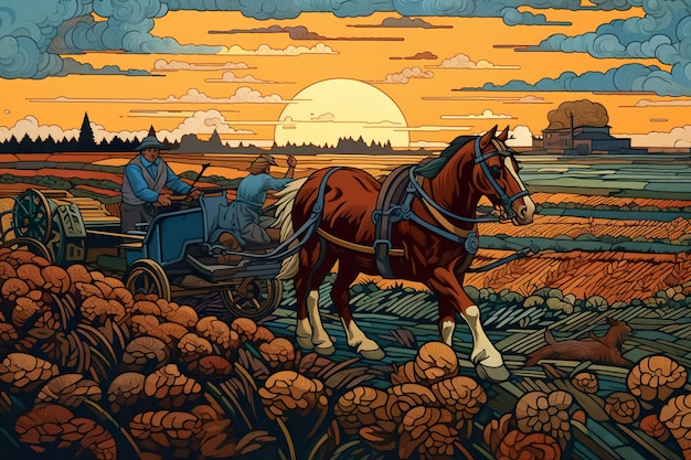 Un dipinto di un cavallo che tira una carrozza in un campo Immagine generativa AI