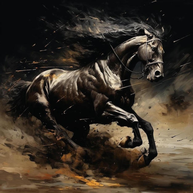 un dipinto di un cavallo con uno sfondo nero