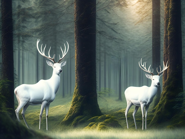 Un dipinto di un cervo bianco in una foresta