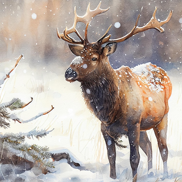 Un dipinto di un cervo con le corna nella neve