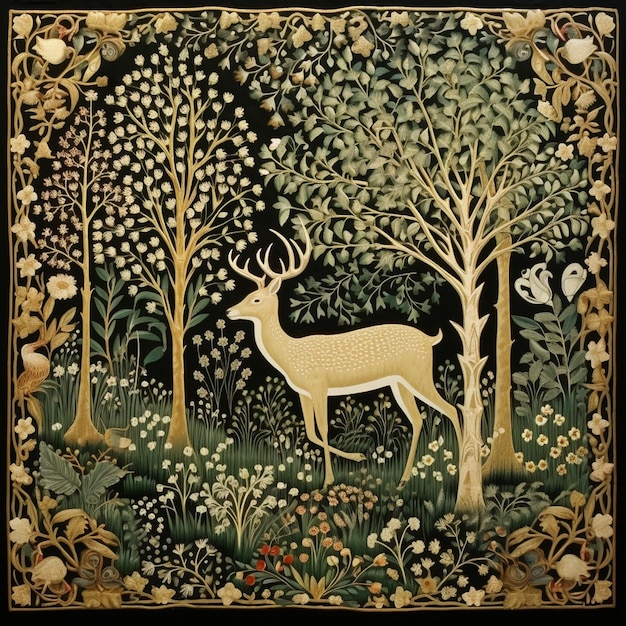 un dipinto di un cervo e alberi con sopra un cervo