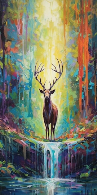 un dipinto di un cervo in piedi di fronte a una cascata generativa ai