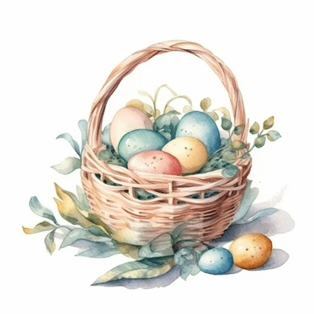 Un dipinto di un cesto con uova e foglie su uno sfondo bianco ai generativo