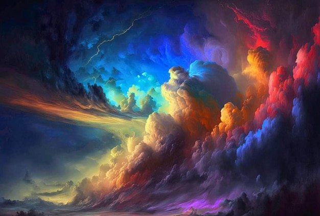 Un dipinto di un cielo colorato con nuvole.