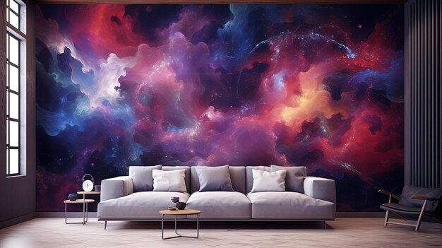 un dipinto di un cielo colorato è sopra un divano