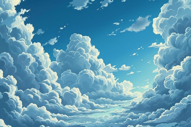 Un dipinto di un cielo con nuvole e uno sfondo blu