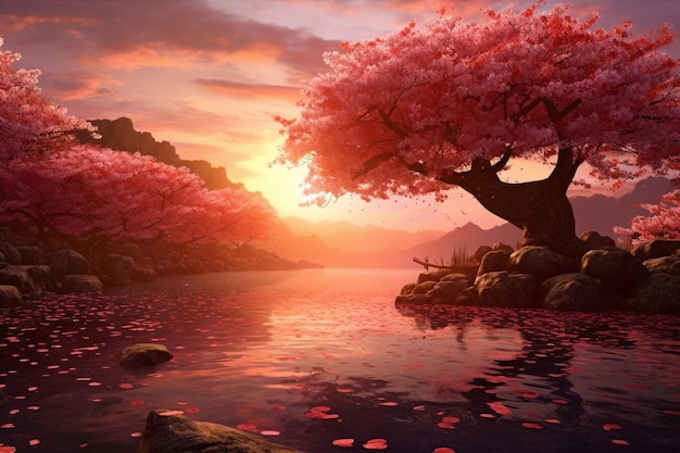 Un dipinto di un ciliegio rosa con il sole che tramonta dietro di esso